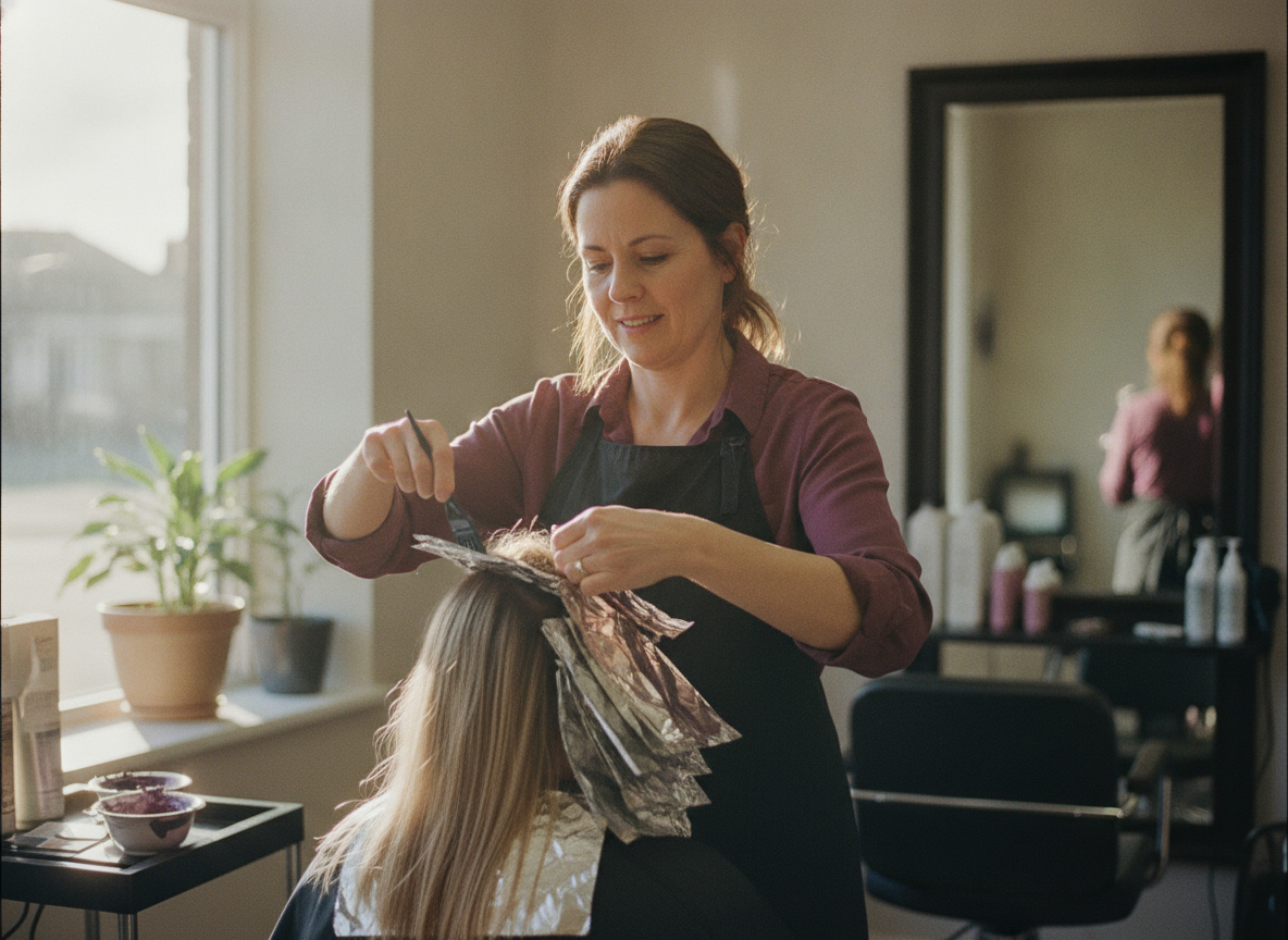 Coloristin Lena trägt konzentriert Foliensträhnen ins Haar einer Kundin im hellen Studio ein.